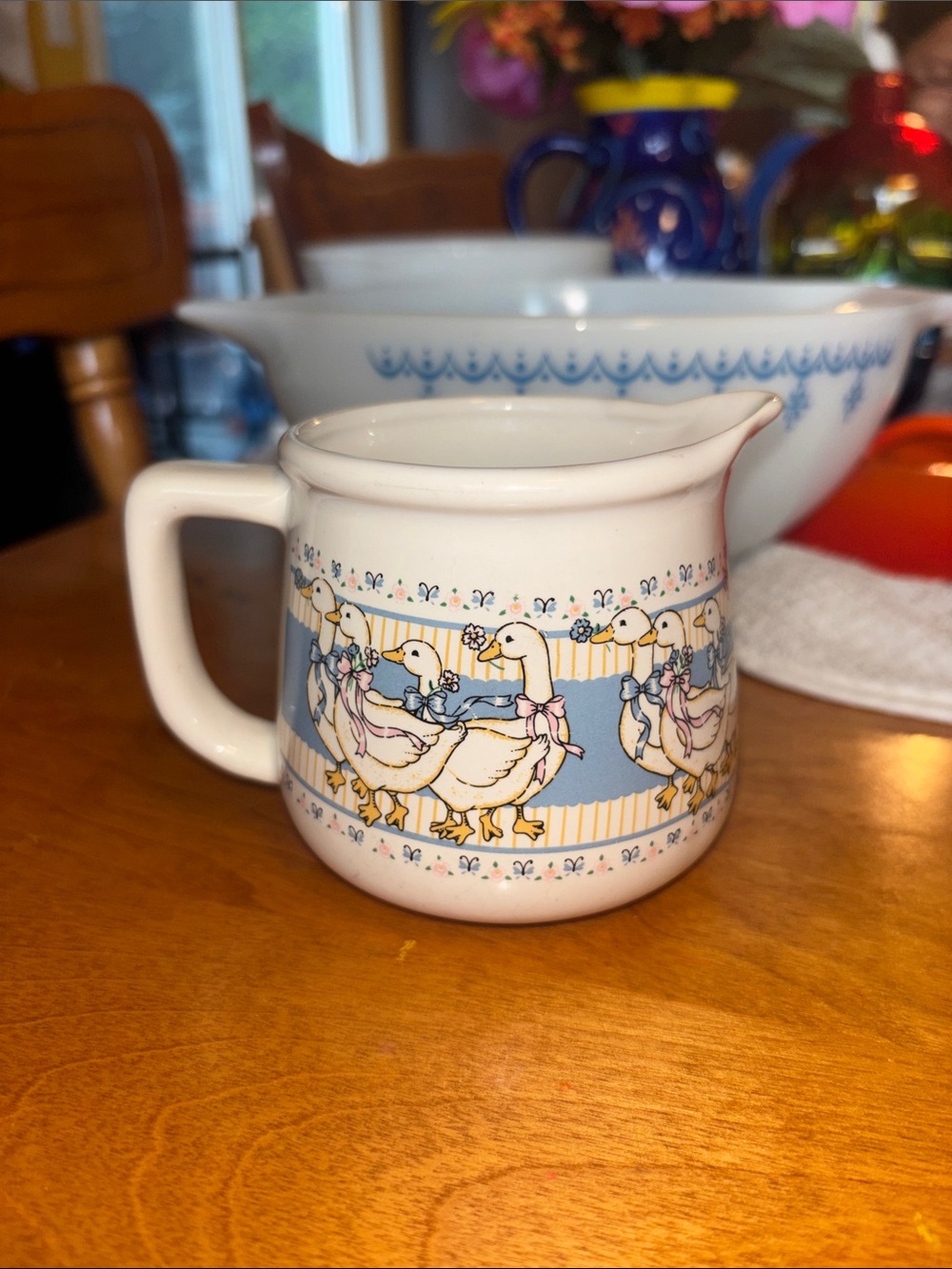 Vintage Cream Ceramic Goose Creamer with Blue and Pink Trim